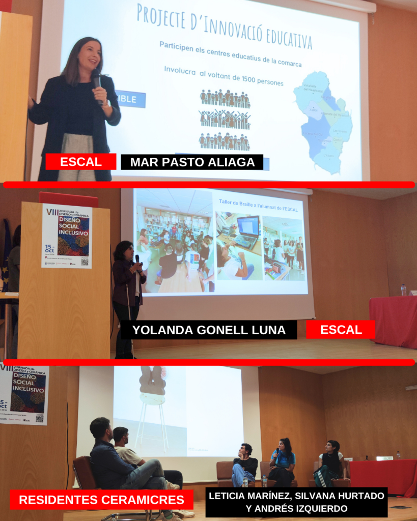 Imagen del auditorio durante la VIII Jornada de Diseño y Cerámica. En la pantalla aparece la ponente Mar Pastor Aliaga presentando su proyecto de innovación educativa, acompañada de un mapa y gráficos ilustrativos. Sobre el escenario, Yolanda Gonell Luna expone un taller realizado con alumnado de la ESCAL, mostrando fotografías del proceso. En la parte inferior de la imagen, tres residentes del proyecto CeramiCRES —Leticia Marínez, Silvana Hurtado y Andrés Izquierdo— participan en una presentación conjunta, sentados frente al público. La escena muestra distintas intervenciones del día reflejadas en un único collage visual.