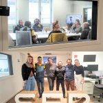 Dos fotografías combinadas. En la parte superior, se repite la escena del estudio de Radio Bilbao durante la emisión del programa. En la parte inferior, las seis personas participantes posan sonrientes frente al logotipo tridimensional de la SER, hecho en cartón. Están de pie en el pasillo de la emisora.