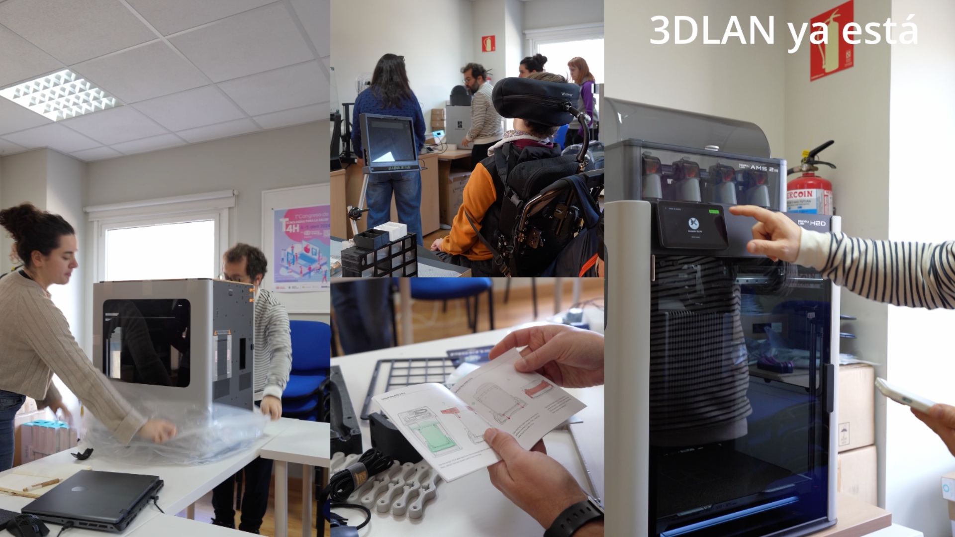 Varias imágenes con personas, una de ellas en silla de ruedas utilizando y poniendo en marcha una impresora 3D, revisando instrucciones y piezas, y participando en una sesión de trabajo. En una de las imágenes aparece una impresora 3D en funcionamiento y, en la parte superior, el texto “3DLAN ya está”.