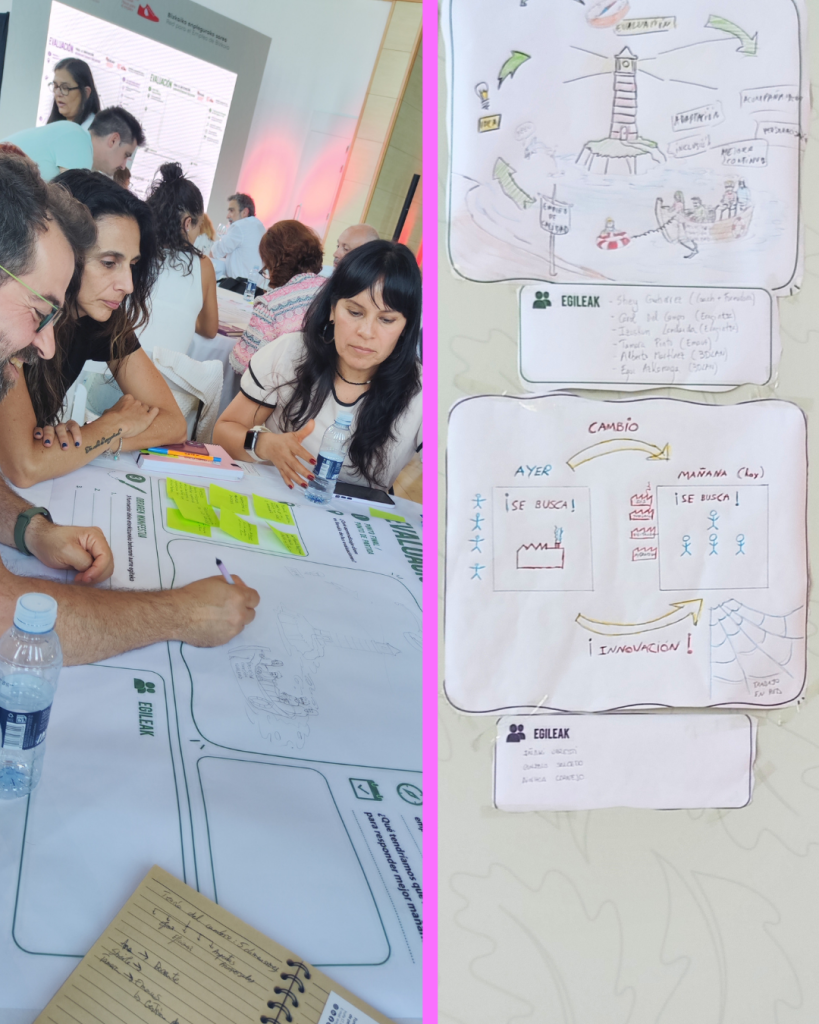 Un grupo de personas dibuja sobre un papel durante una actividad del encuentro.