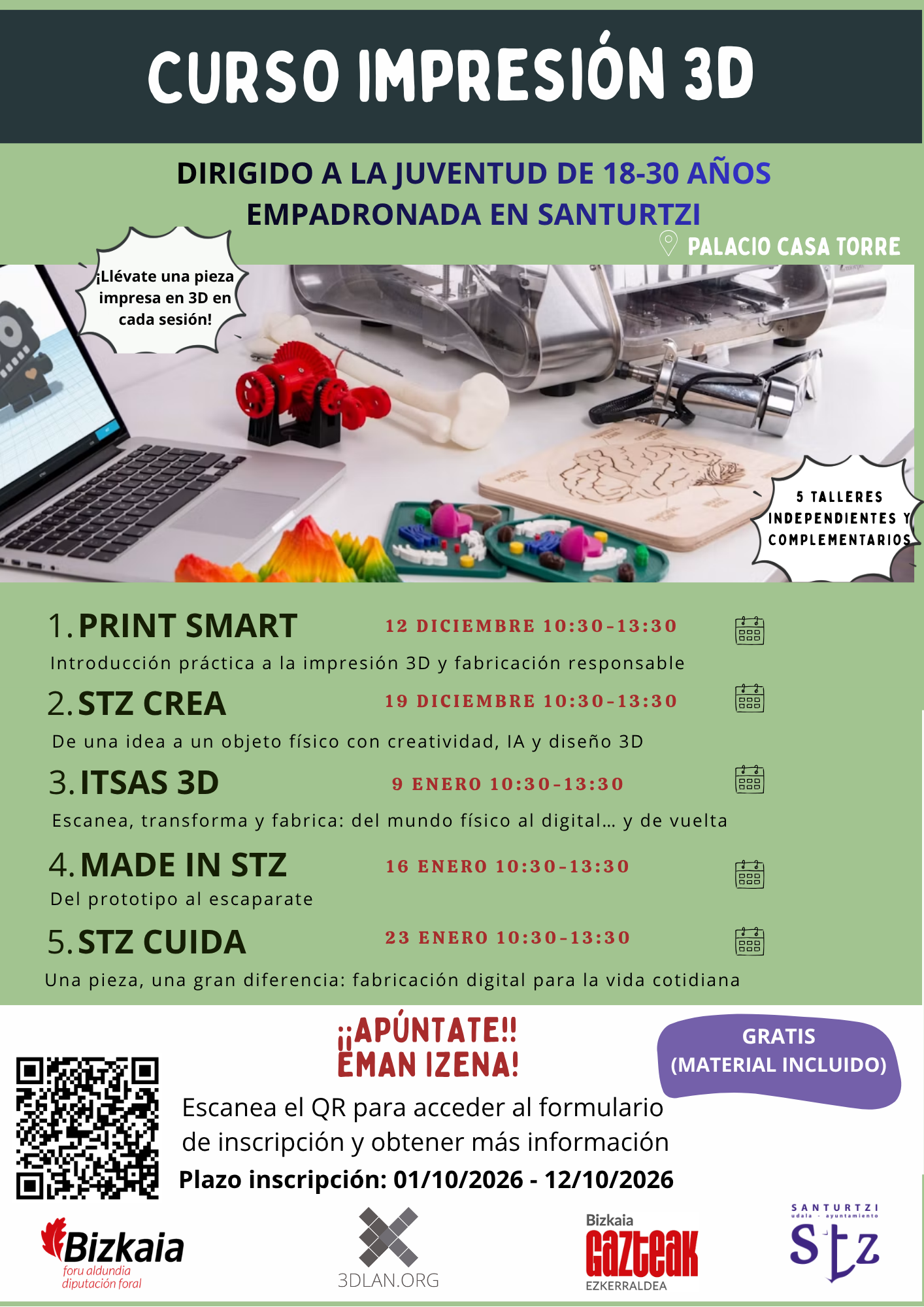 cartel de los talleres de impresión 3D impartidos por 3DLAN en Santurce